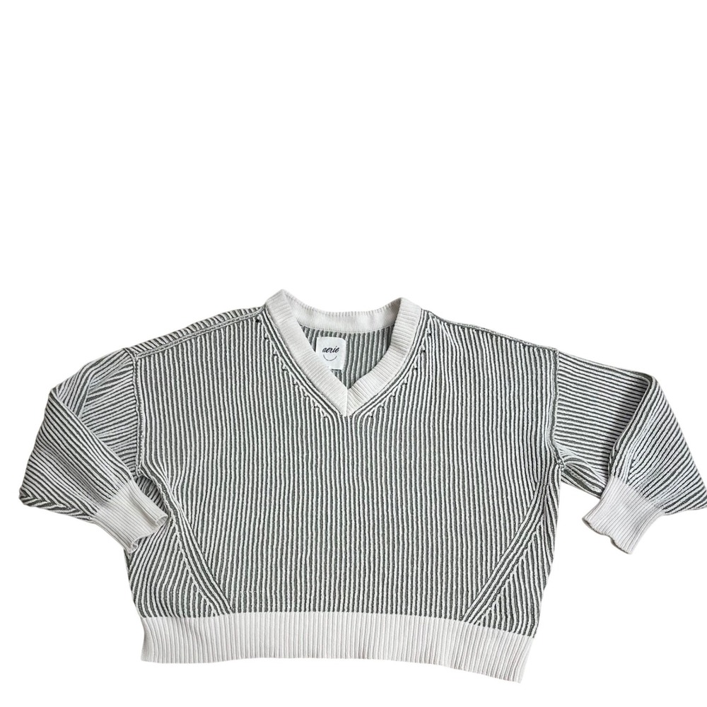 Aerie beyond chenille Striped V-Neck Sweater Sage Green Cream Oversized XL